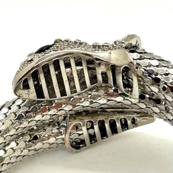 Silver Snake Memory Wire Bracelet Clear Rhinestones & Black Eyes Adjustable - Picture 8 of 11